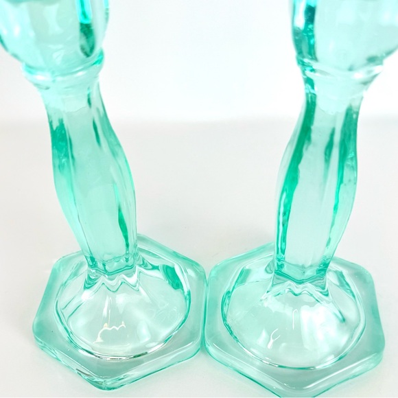 Vintage Set Of 2 Aqua Blue  Art Deco Glass Candlesticks Holders. Mid-Century Mod - Picture 13 of 13
